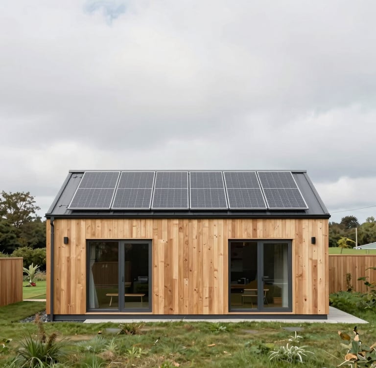 Straight-on architectural elevation of a modern timber-clad UK eco-home with integrated roofline solar panels, soft overcast daylight, muted green surroundings, 35mm lens