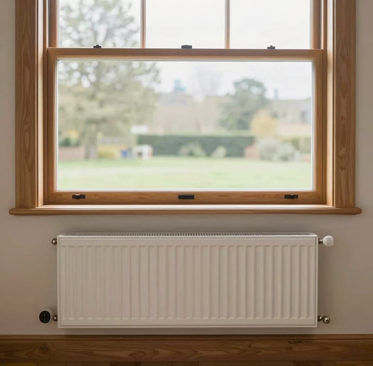 A clean, modern UK living room with a timber-framed window showing soft overcast daylight, a neatly integrated radiator with smart thermostatic valve, warm natural tones.