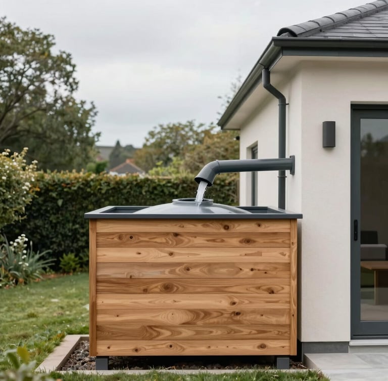 Straight-on architectural elevation of a modern UK home with an integrated charcoal-grey rainwater downpipe feeding a stylish wooden-clad storage tank, soft diffused daylight