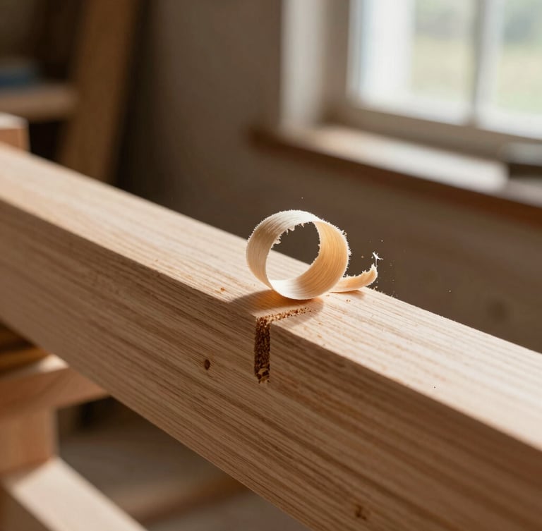 Macro detail shot of a hand-planed white oak joint, clean timber shavings curling off the wood, natural side-lighting from a workshop window, shallow depth of field.