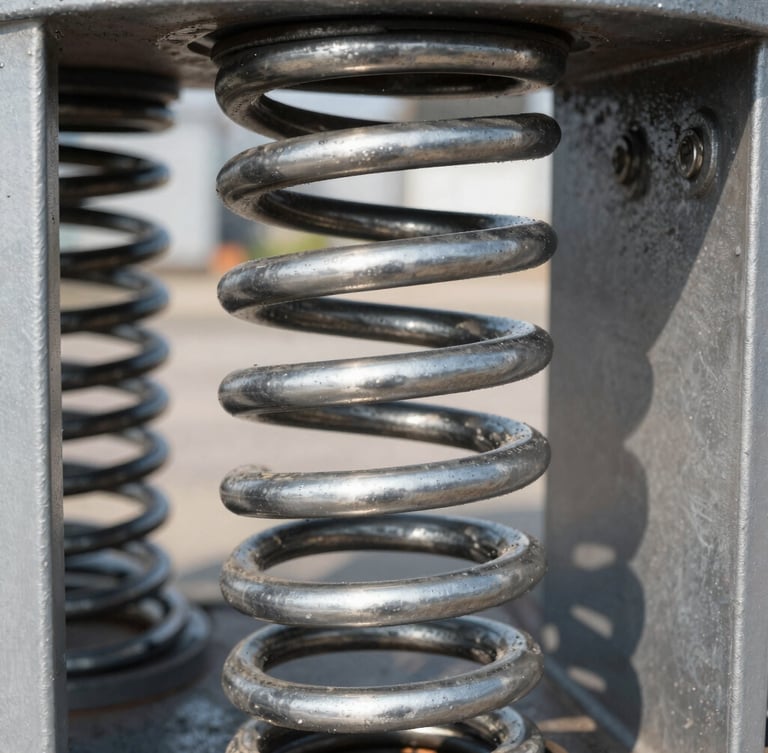 Close-up of a heavy-duty industrial garage door torsion spring, thick steel coils under tension, bright daylight, crisp focus