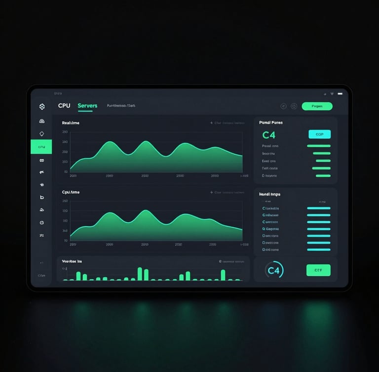 Straight-on clean UI mockup of a modern dark mode game server control panel, displaying real-time CPU graphs and ping status in neon green and cyan, sharp focus, high-contrast dark ambient lighting, 35mm