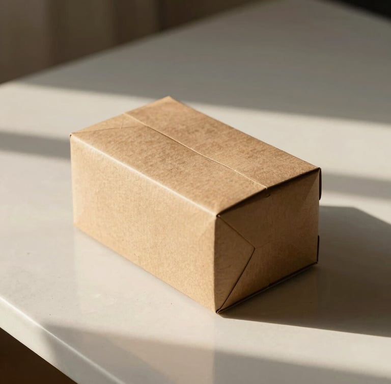 A minimalist, elegant cardboard package resting on a clean ceramic surface under warm afternoon sunlight, soft shadows