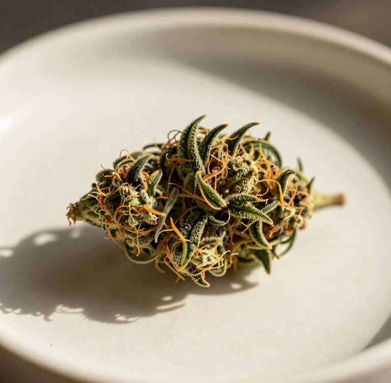 Macro close-up shot of a pristine, trichome-rich cannabis flower bud resting on a clean cream ceramic surface, warm natural afternoon sun casting soft, elegant shadows.
