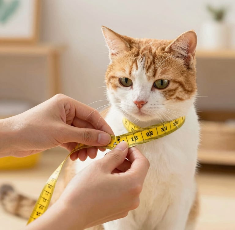 Close-up of human hands gently measuring a calm cat's chest with a yellow tape measure, soft natural lighting, warm workshop background