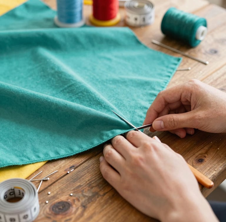 Close-up of artisan hands carefully cutting colorful teal fabric on a rustic wooden table, sewing needles and measuring tape nearby, warm natural light.