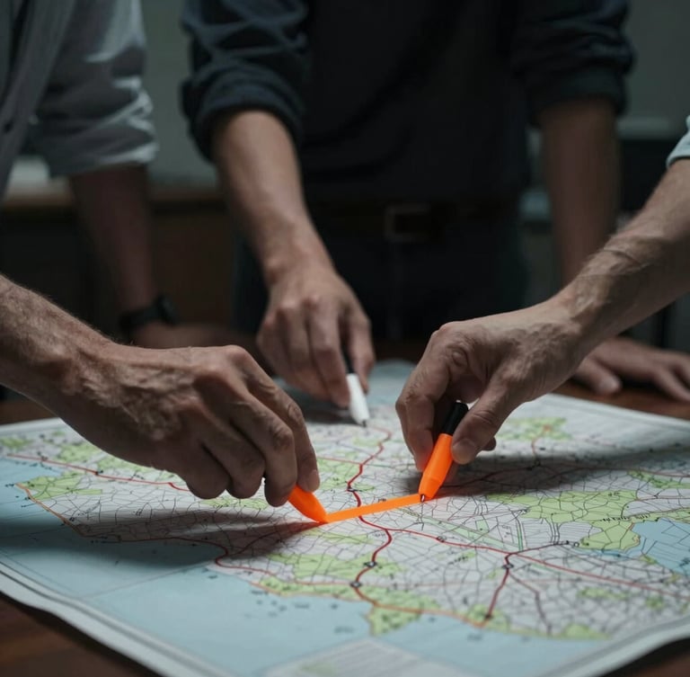 Dramatic editorial photo, low-key side lighting, desaturated cool tones. Hands of focused professionals moving physical markers on a large tabletop map, shallow depth of field, 35mm.