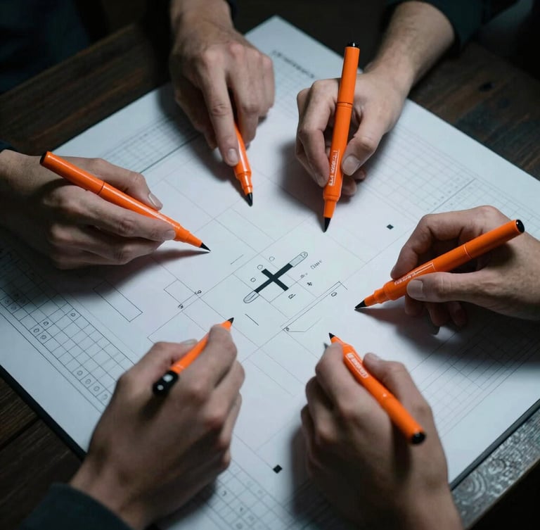 Overhead shot of hands collaborating over a physical tabletop simulation board with orange markers, dramatic side lighting, high contrast, focused on tactical coordination.