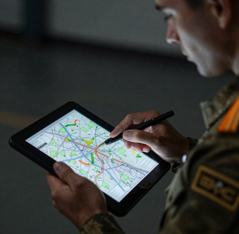 Close-up of a military officer in uniform analyzing a tactical map on a tablet screen, low-key dramatic side lighting, cool desaturated tones with sharp orange accents.