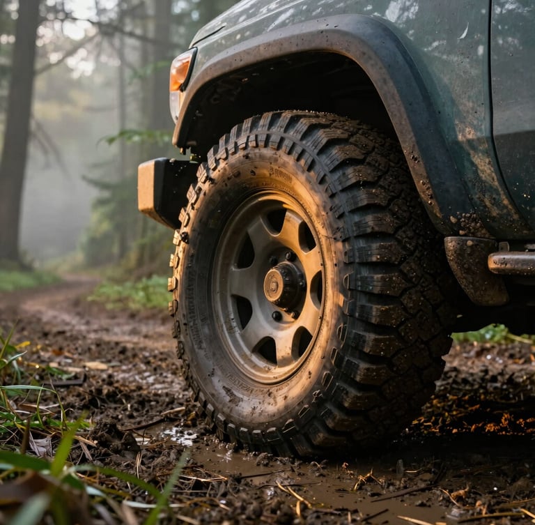 Moody close-up of a rigged-out overlanding vehicle tire half-submerged in deep mud on a misty forest trail, dramatic low-angle golden hour lighting