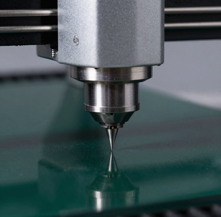 Macro close-up of a high-precision laser cutter head slicing through dark green acrylic, sharp studio lighting, cool gray background, 50mm