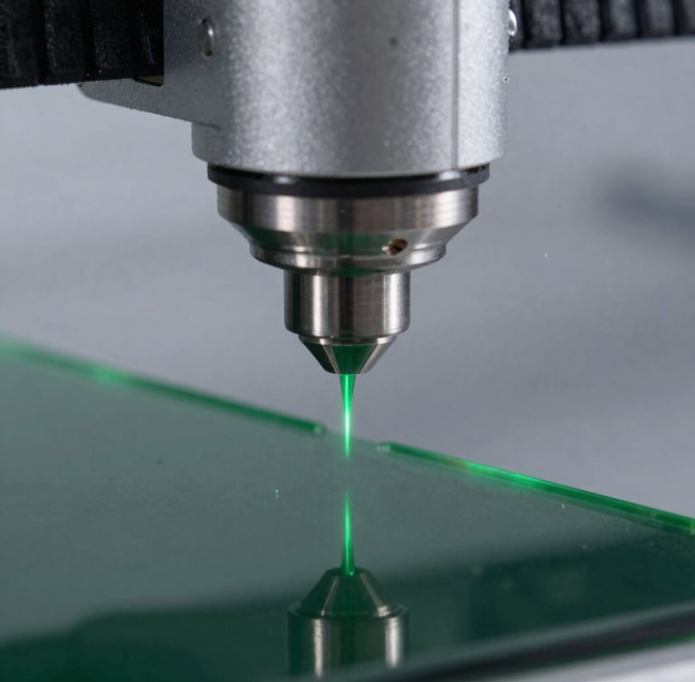 Macro close-up of a high-precision laser cutting head slicing through dark green acrylic, crisp edges, intense green laser light beam, cool gray background, technical photography, 50mm