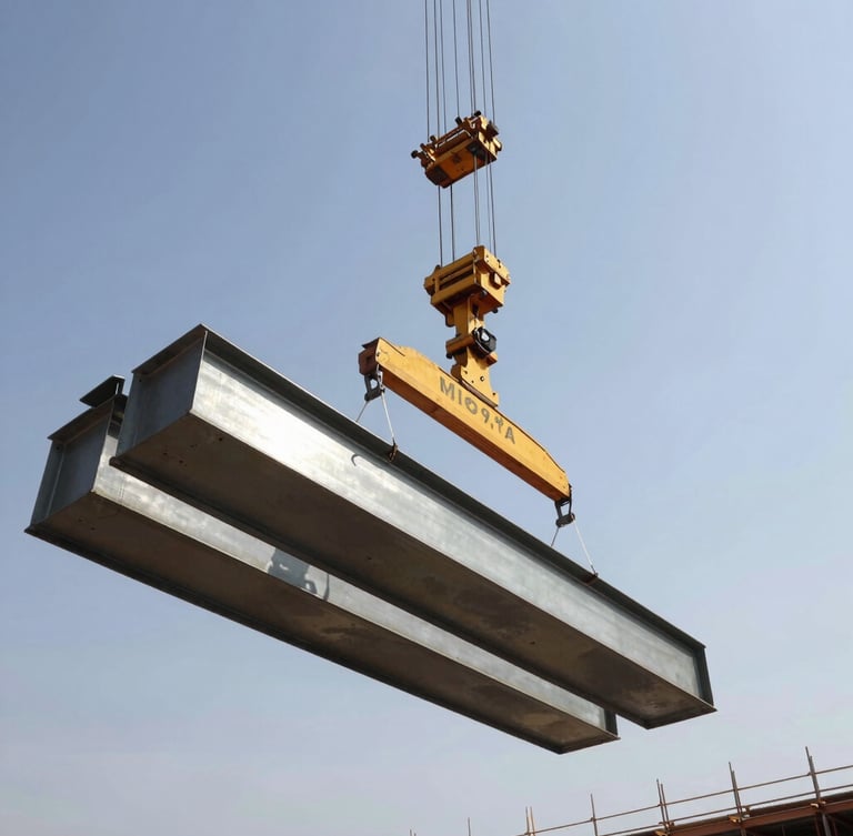 A low-angle heroic shot of a heavy-duty yellow crane lifting steel beams on an active civil engineering site in Iraq, bright daylight, high-contrast steel and concrete tones, sharp focus