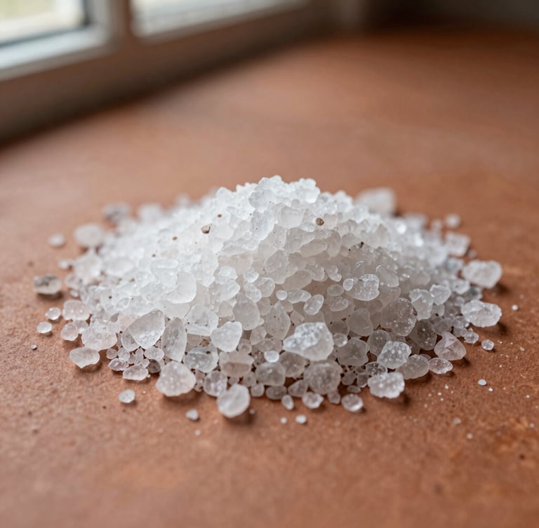 Overhead macro shot of textured salt crystals on a warm terracotta surface, soft natural window light, earthy tones