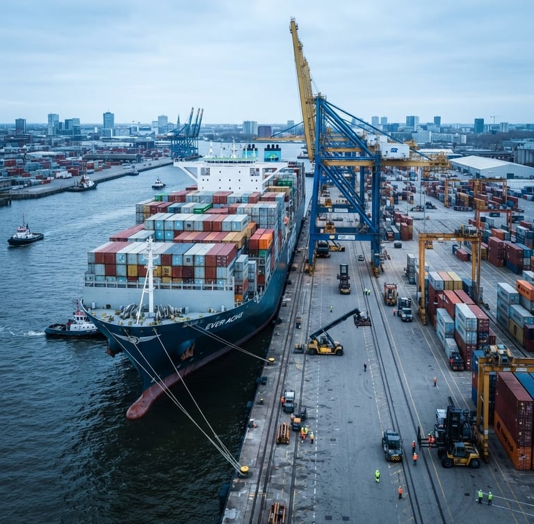 Wide-angle environmental shot of a massive container ship docked at a deep-water port, cool-toned daylight, sharp focus, 35mm