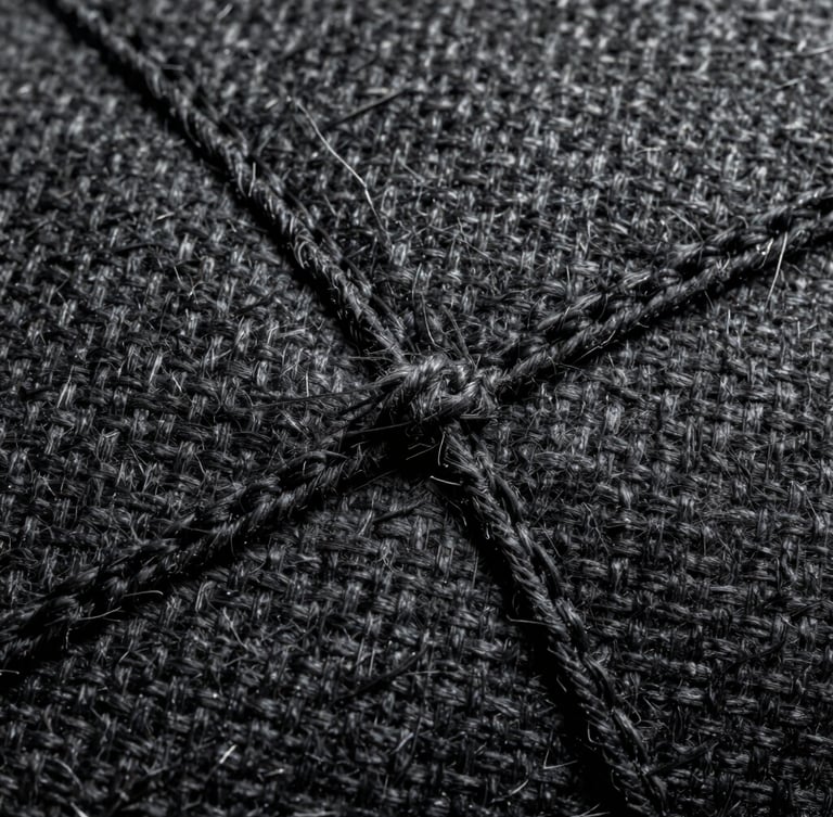 Macro photography of thick charcoal technical canvas weave, high-contrast lighting highlighting the triple-stitched seams and raw fibers.