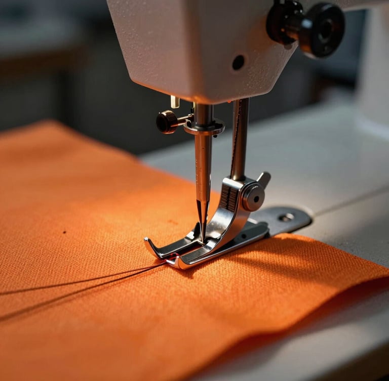 Macro close-up of an industrial sewing machine needle piercing thick safety-orange canvas, heavy black thread, high-contrast dramatic lighting.