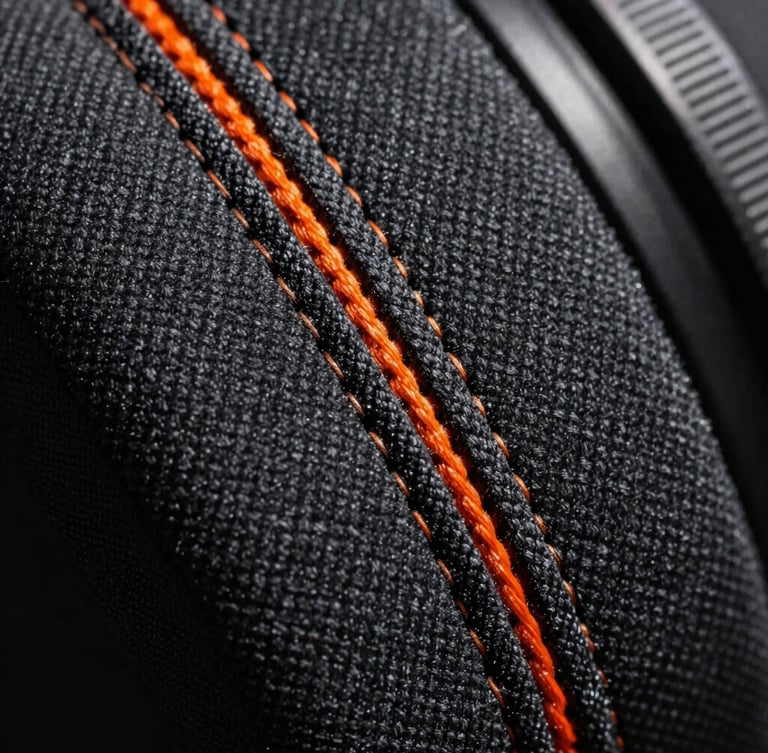 Macro close-up of heavy-duty triple-stitched canvas seam, high-contrast industrial lighting, orange safety thread visible against charcoal fabric