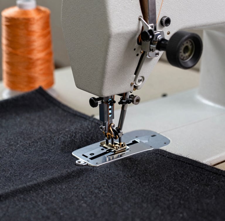 Close-up macro shot of a heavy-duty industrial sewing machine triple-stitching thick charcoal canvas, orange thread, metallic machinery components in sharp focus.
