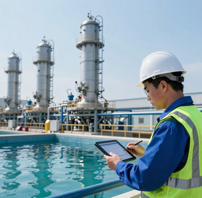 Engenheiro industrial em uma planta de tratamento de água, analisando dados em um tablet, com torres de resfriamento ao fundo. Fotografia industrial nítida, luz diurna fria, foco preciso, tons de azul petróleo e verde segurança.