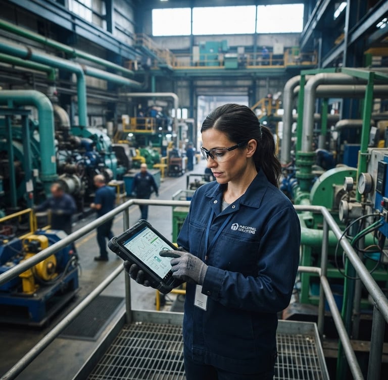 Engenheiro industrial analisando dados de telemetria em tablet robusto, com fundo desfocado de maquinário pesado e tubulações industriais, luz fria de dia, tons de azul e verde.