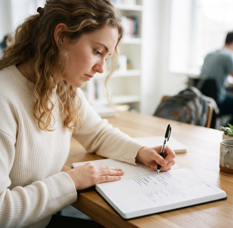 Close-up of a focused student writing in a clean modern planner on a wooden desk, bright natural daylight, sharp focus, 35mm