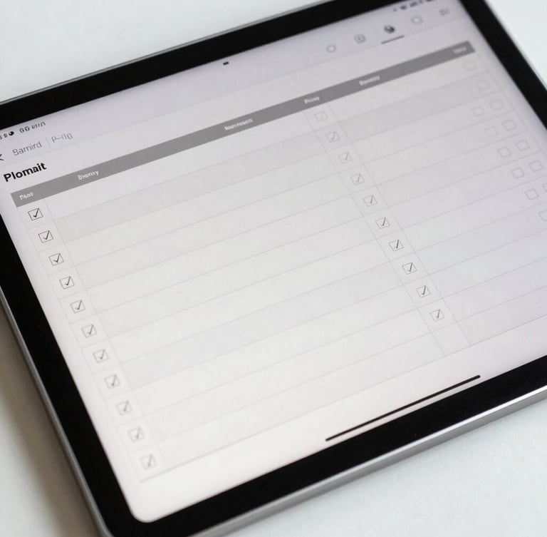 A close-up of a modern tablet displaying a highly structured study planner with daily checkmarks, bright natural daylight, crisp professional tones, sharp focus