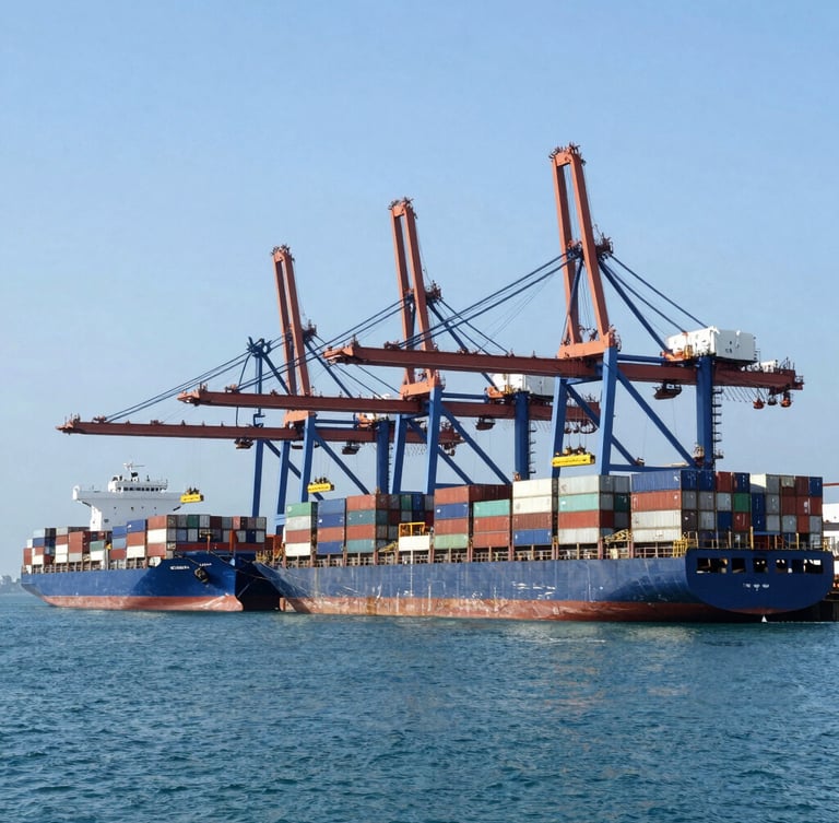 Wide-angle daylight shot of container ships docked at Batam port terminal, industrial cranes loading cargo, clean blue ocean background, negative space on left.