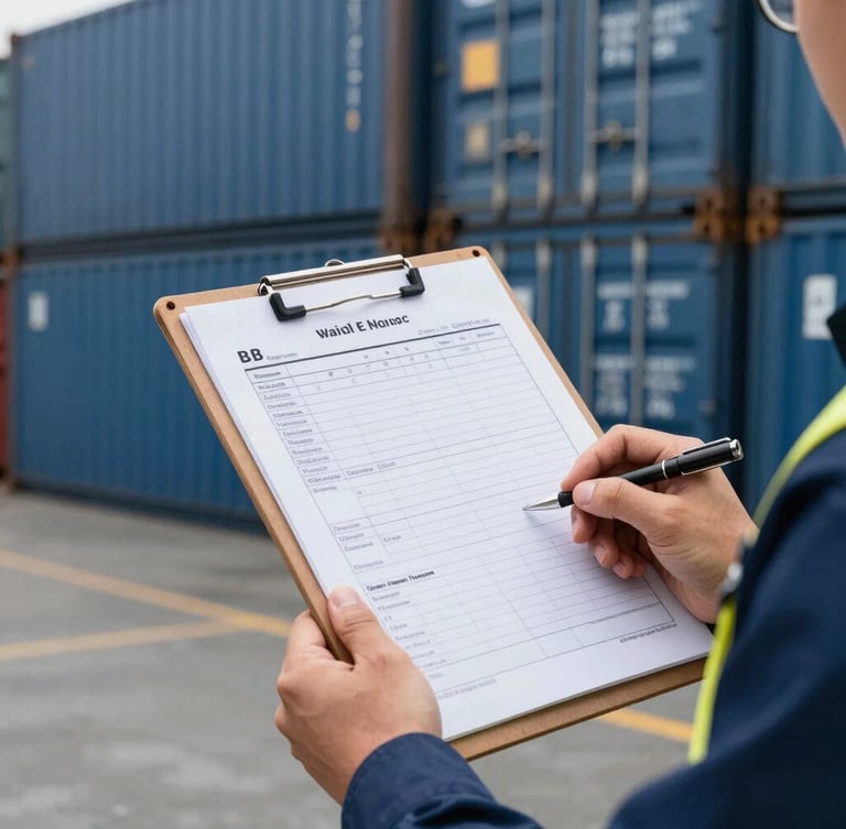 Close-up of a maritime shipping manifest clipboard held by a port inspector in front of stacked blue cargo containers
