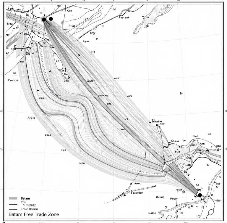 A high-resolution technical maritime chart showing shipping lanes around Batam Free Trade Zone, clean slate-grey lines on white background, precise coordinates, neutral daylight.