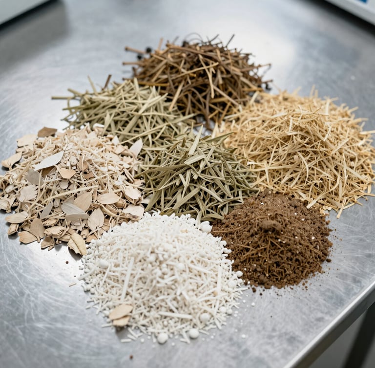 Top-down macro shot of graded agricultural commodities, showing moisture-tested organic textures on a clean stainless steel laboratory table under neutral white light.