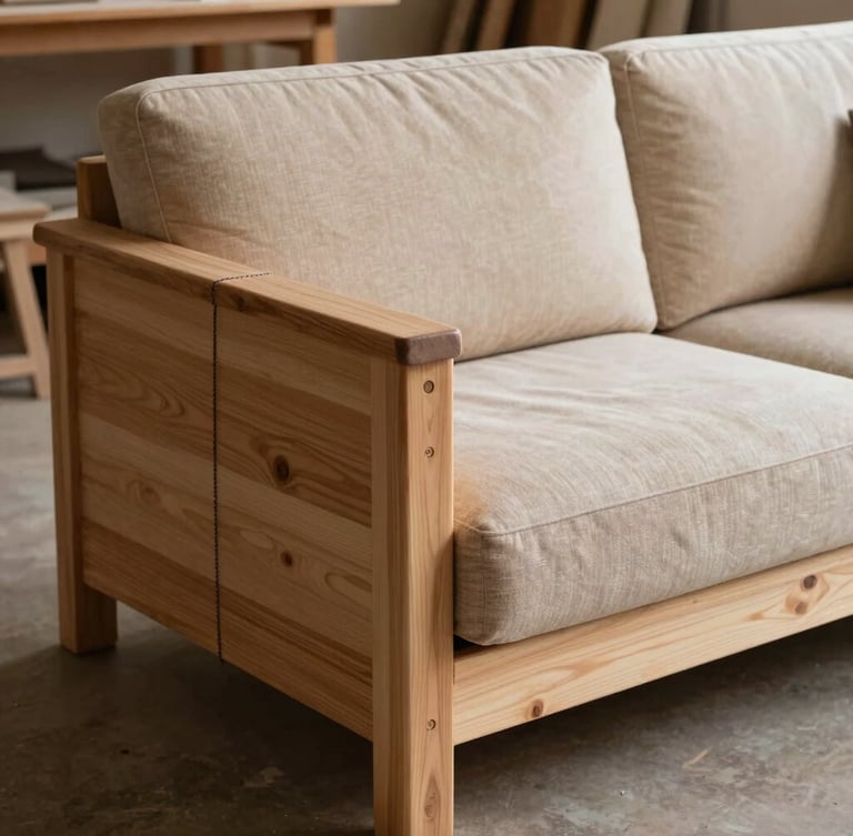 A solid seasoned timber sofa frame sitting in the workshop, showing reinforced corner blocks and heavy tension webbing, warm side-light