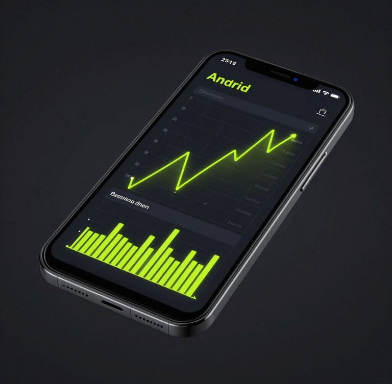 Sleek digital product photography of a physical Android phone mockup, showing a dark mode utility interface with neon cyber-lime graphs and high contrast data lines, moody side lighting
