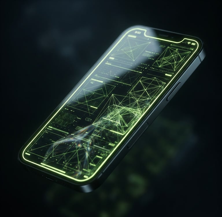 Sleek macro 3D render of a dark-mode mobile interface frame, glowing cyber-lime geometric wireframes reflecting off polished glass, dark background