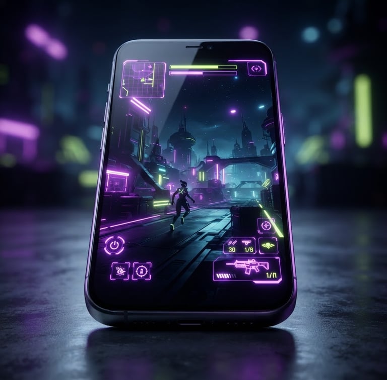 Sleek digital product photography of a premium Android phone mockup displaying a moody, high-contrast neon sci-fi game interface, electric violet and cyber-lime glow, 3D render