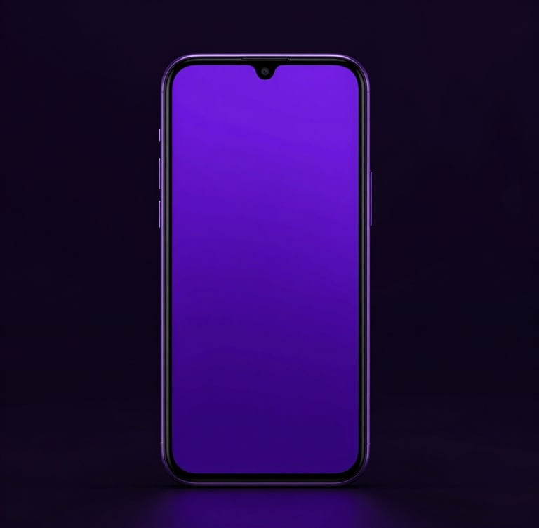 Sleek portrait-oriented physical Android device mockup showing a highly optimized minimalist utility interface glowing in electric violet, crisp macro details, dark mode aesthetic, 3D render.