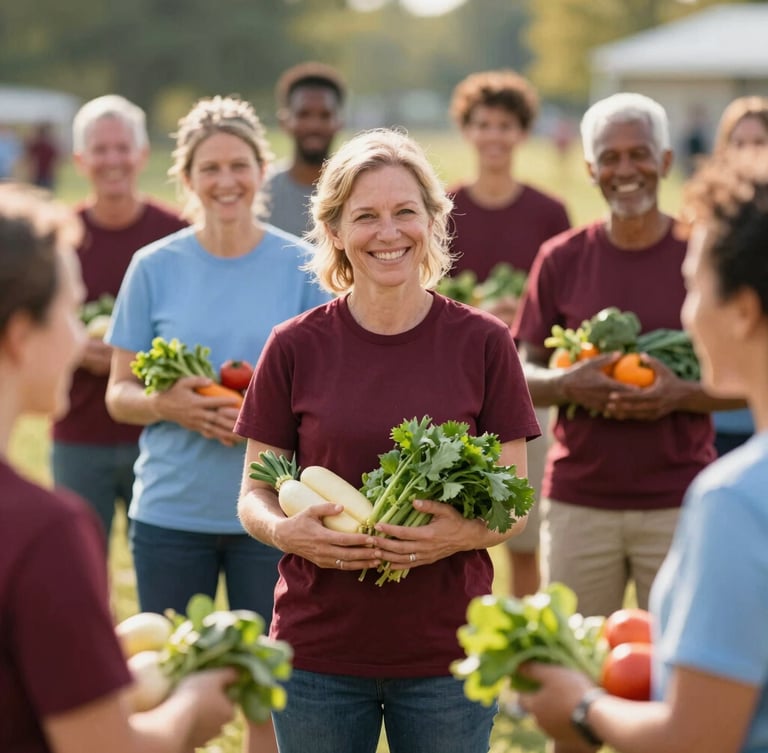A diverse group of Ohio residents participating in an outdoor community wellness workshop, smiling, holding fresh produce, warm natural daylight.