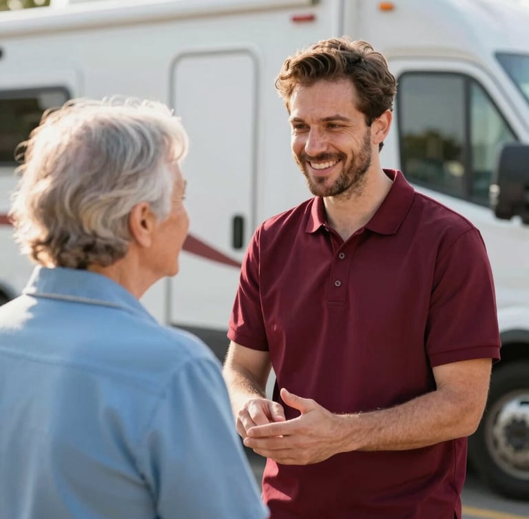 A candid medium shot of a friendly healthcare volunteer in a burgundy polo shirt talking with an elderly resident outside a mobile clinic, warm daylight.