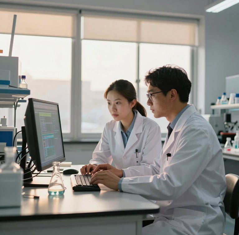 A wide environmental shot of two medical researchers in a sunlit innovation lab, collaborating over data on a screen, warm golden-hour light streaming through large windows, shallow depth of field