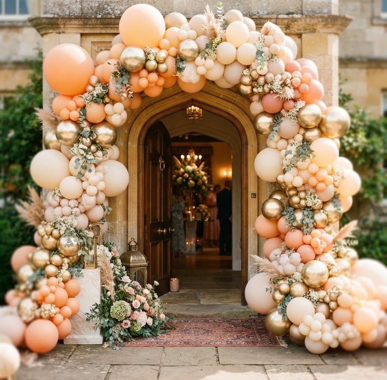Bright celebratory lighting, a massive organic balloon arch in peach and gold framing an elegant doorway, warm editorial photography, 35mm