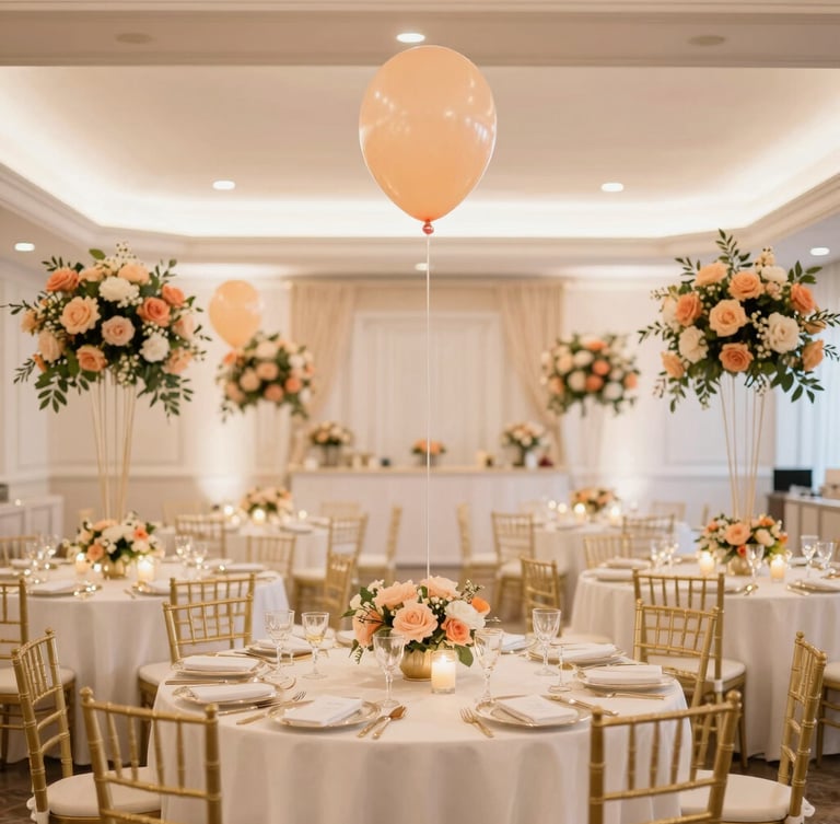 Bright interior of an elegant event venue on Demorest Road, beautifully set up with warm lighting, golden accents, and delicate peach floral and balloon arrangements, professional editorial photography