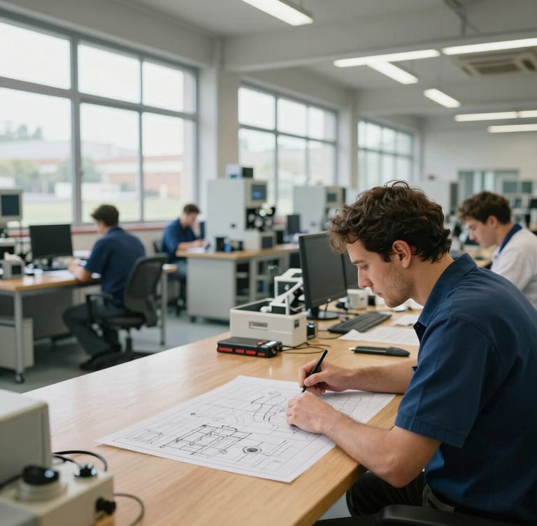 Wide environmental shot of a clean, active manufacturing floor in Spain, natural daylight from high windows, a team leader reviewing physical schematics on a wooden table in the foreground, professional and authentic.
