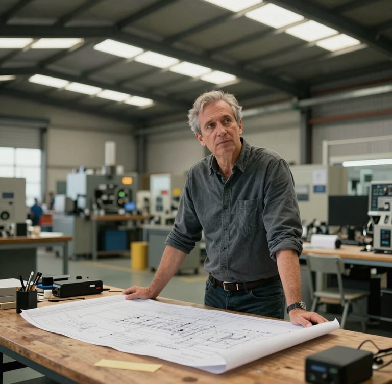 Wide environmental portrait of a business founder in a warm-lit manufacturing facility, looking thoughtfully at blueprints on a wooden table, real operational environment, natural overcast daylight.