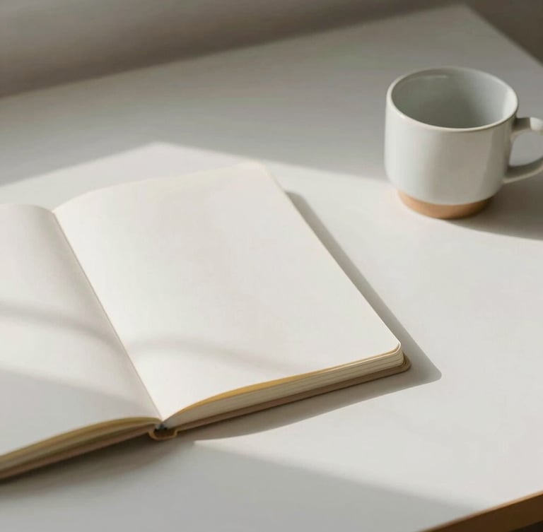 Airy minimalist desk with a clean notebook, a ceramic cup, soft natural daylight casting gentle shadows, desaturated pastel tones, 35mm