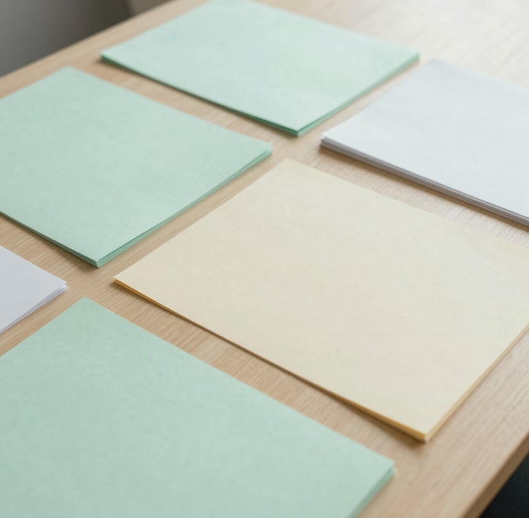 Close-up of neatly organized business documents on a light wooden table, soft natural daylight, minimalist office setting, desaturated mint green and cream accents, 35mm