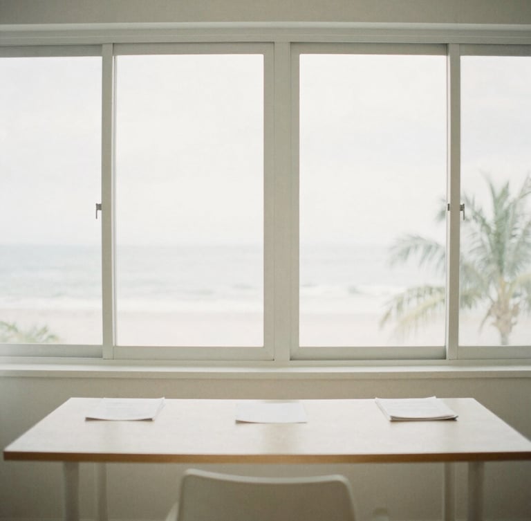 A bright, airy coastal Florida workspace, soft morning light filtering through high windows, minimalist desk with neat documents, desaturated pastel tones, 35mm