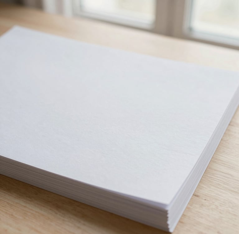 Close-up of neatly stacked textured paper documents on a light wooden table, soft morning window light, desaturated pastel tones, 35mm