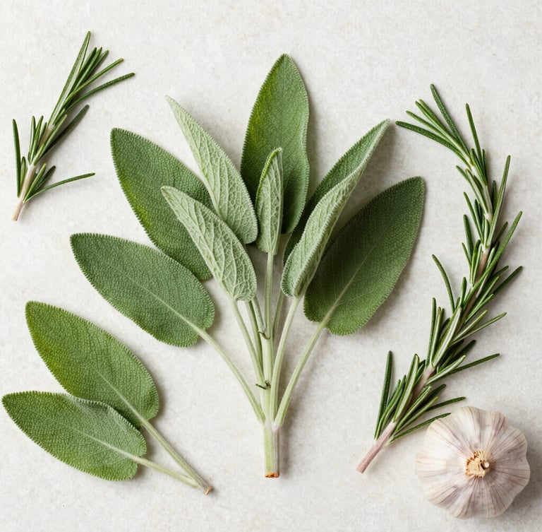 Overhead flatlay of fresh organic green herbs, sage leaves, rosemary, and garlic on a clean warm white stone surface, soft natural side-lit daylight, editorial food photography