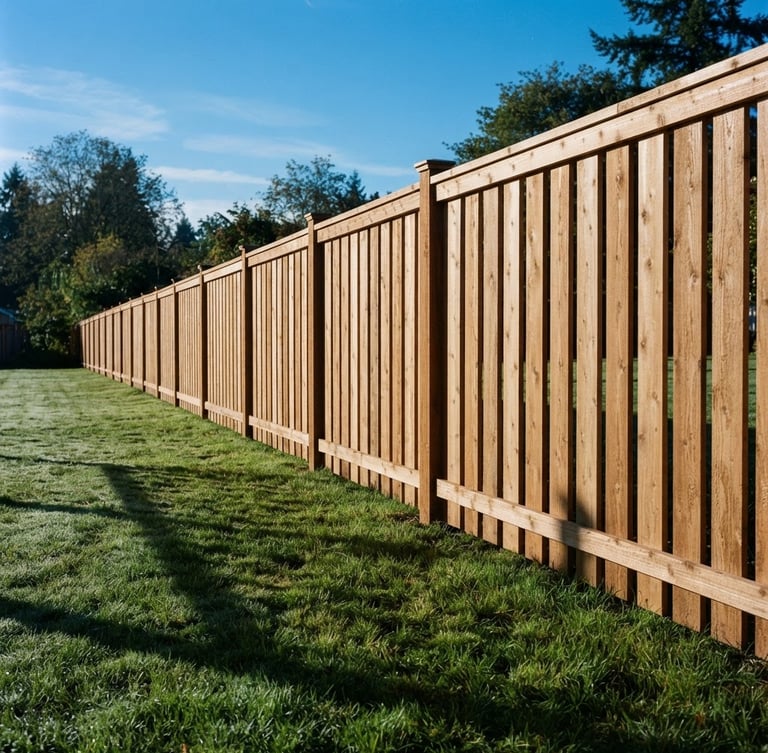 Low-angle architectural photograph along a perfectly straight western red cedar fence line, crisp morning sunlight casting defined linear shadows on green grass, sharp focus, 35mm