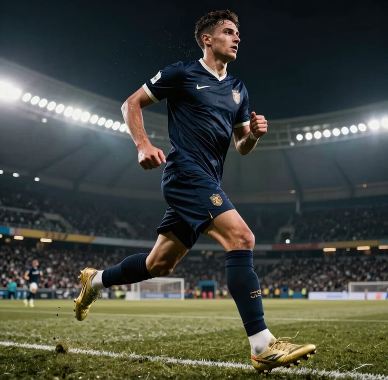 Low-angle dramatic shot of a male soccer player running mid-motion on turf, stadium lights illuminating sweat and motion blur, high contrast, 35mm